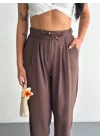 Yüksel Bel Rahat Paça Pantalon - Kahverengi