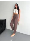 Yüksel Bel Rahat Paça Pantalon - Kahverengi