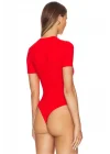 MetuCa Kadın Kırmızı U Yaka Kısa Kollu Jarse Kumaş Vücudu Saran Tanga Kesim Bodysuit Zıbın