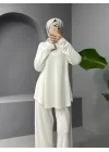 Yuvarlak Yaka Oval Kesim Cepli Pantolonlu Osyho Takım -Beyaz