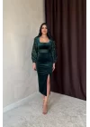 Zümrüt Pul Payetli Kadife Elbise