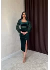 Zümrüt Pul Payetli Kadife Elbise
