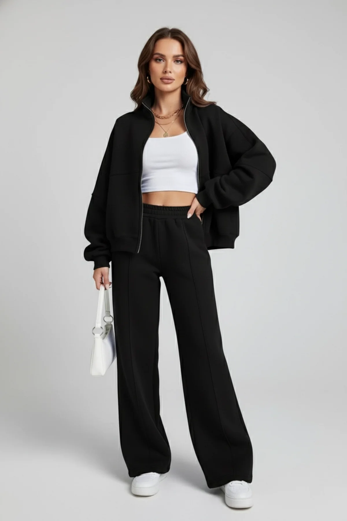Kadın Siyah Oversize 3 İplik Eşofman Takım