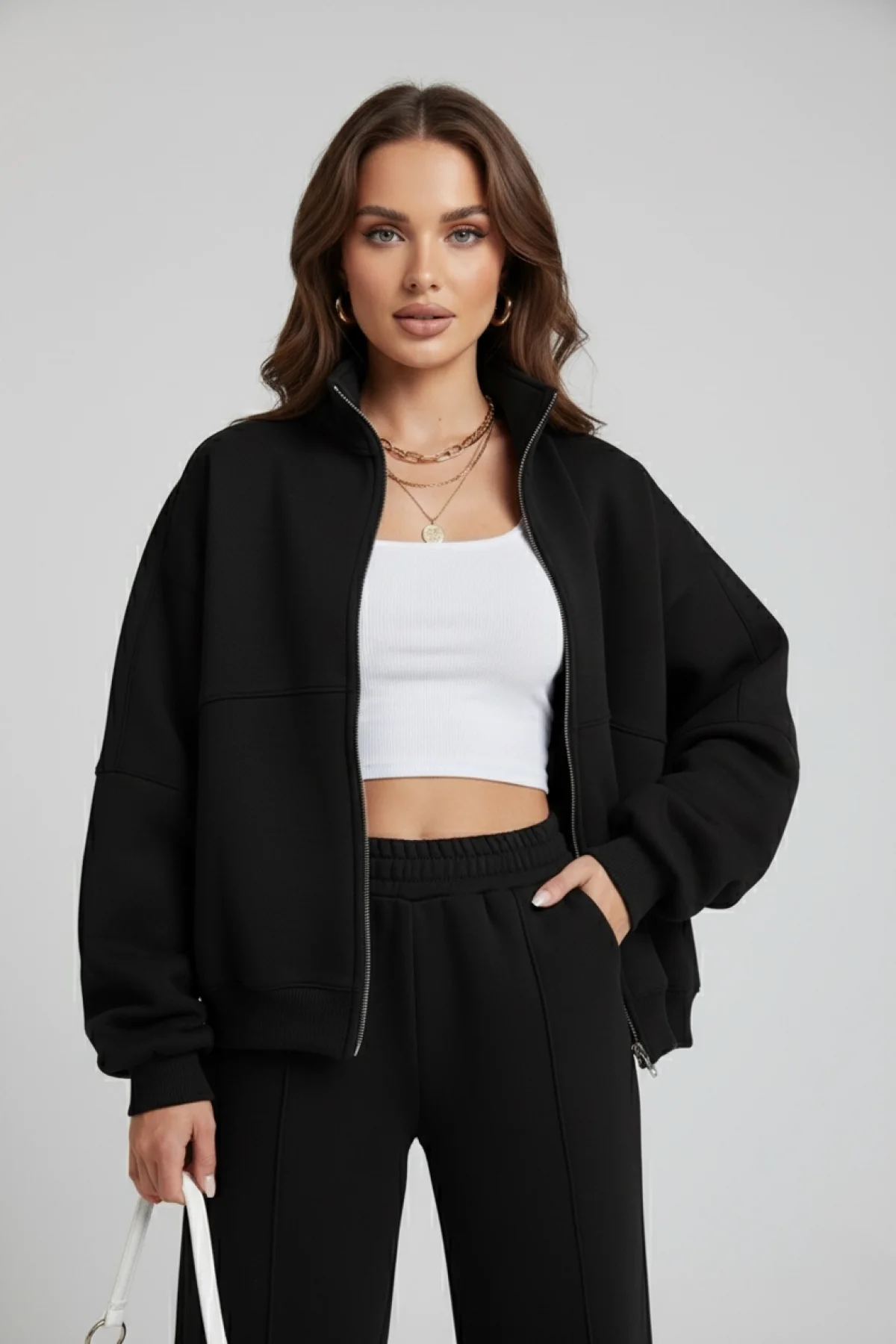 Kadın Siyah Oversize 3 İplik Eşofman Takım
