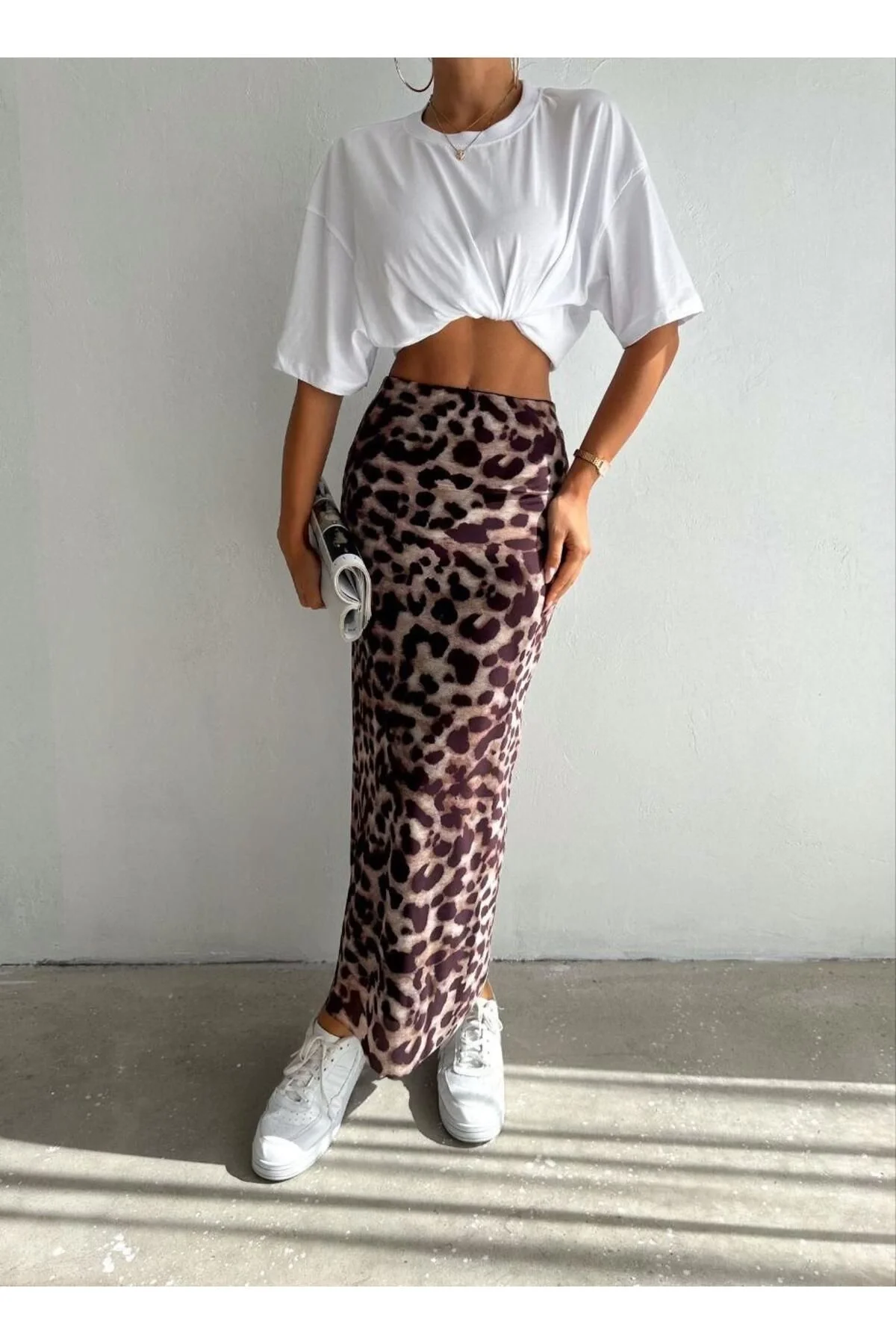 Kadın Kahverengi Yüksek Bel Leopar Desenli Uzun Midi Boy Kumaş Etek