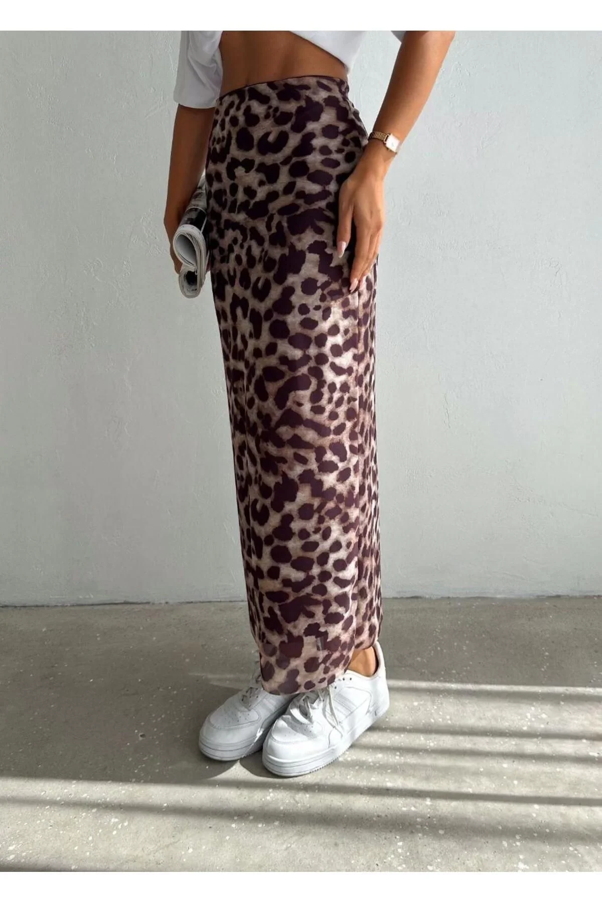 Kadın Kahverengi Yüksek Bel Leopar Desenli Uzun Midi Boy Kumaş Etek
