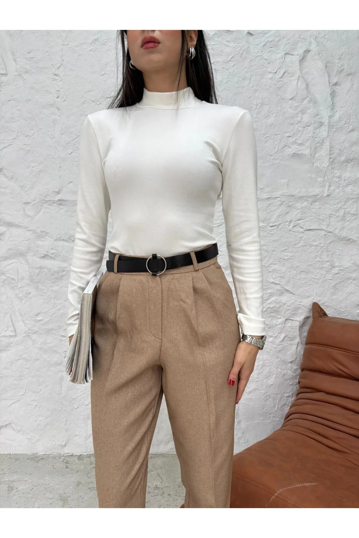 Kadın Yüksek Bel Straight Düz Kesim Pileli Klasik Kumaş Pantolon