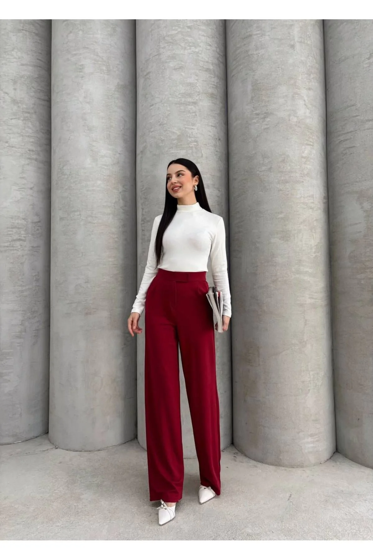 Kadın Bordo Yüksek Bel Cırtlı Pileli Bol Paça Palazzo Model Kumaş Pantolon