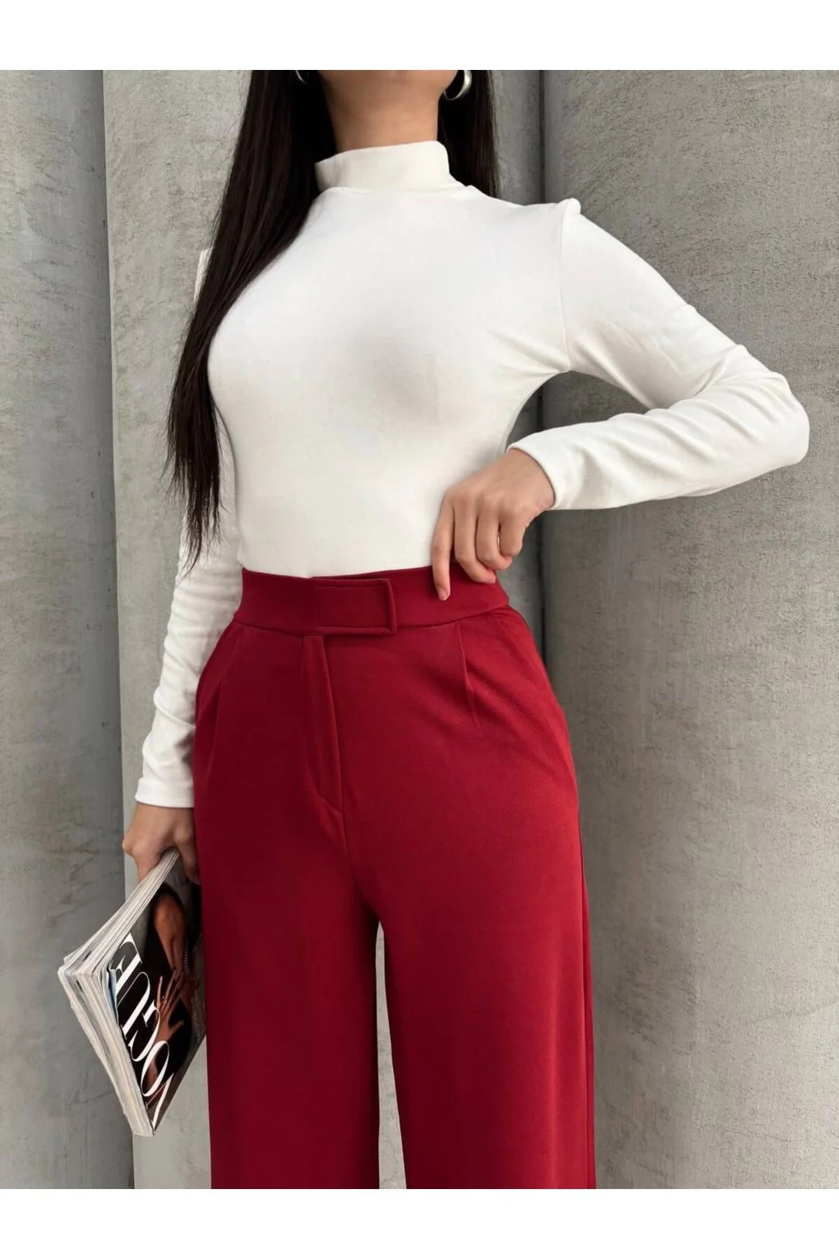 Kadın Bordo Yüksek Bel Cırtlı Pileli Bol Paça Palazzo Model Kumaş Pantolon