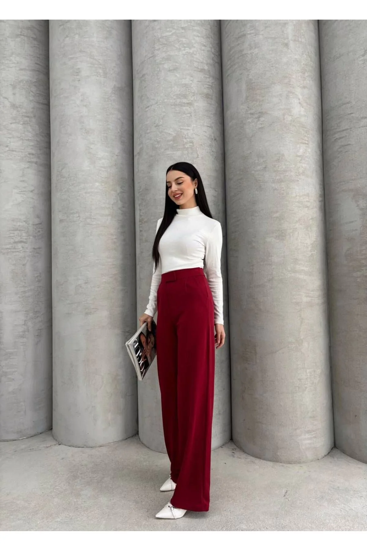 Kadın Bordo Yüksek Bel Cırtlı Pileli Bol Paça Palazzo Model Kumaş Pantolon