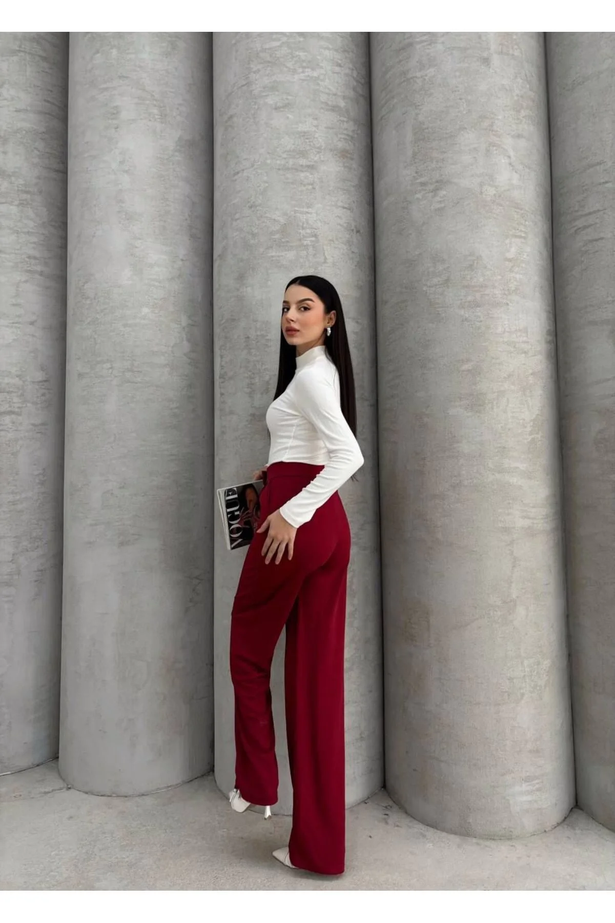 Kadın Bordo Yüksek Bel Cırtlı Pileli Bol Paça Palazzo Model Kumaş Pantolon