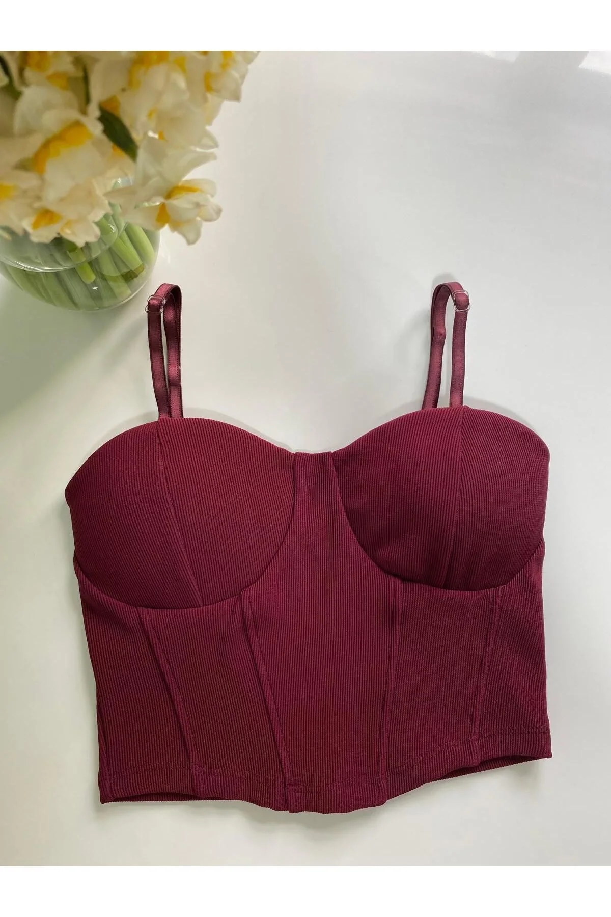 Kadın Askılı Kalp Yaka Balenli Korse Detaylı Vücudu Saran Büstiyer Crop - Bordo