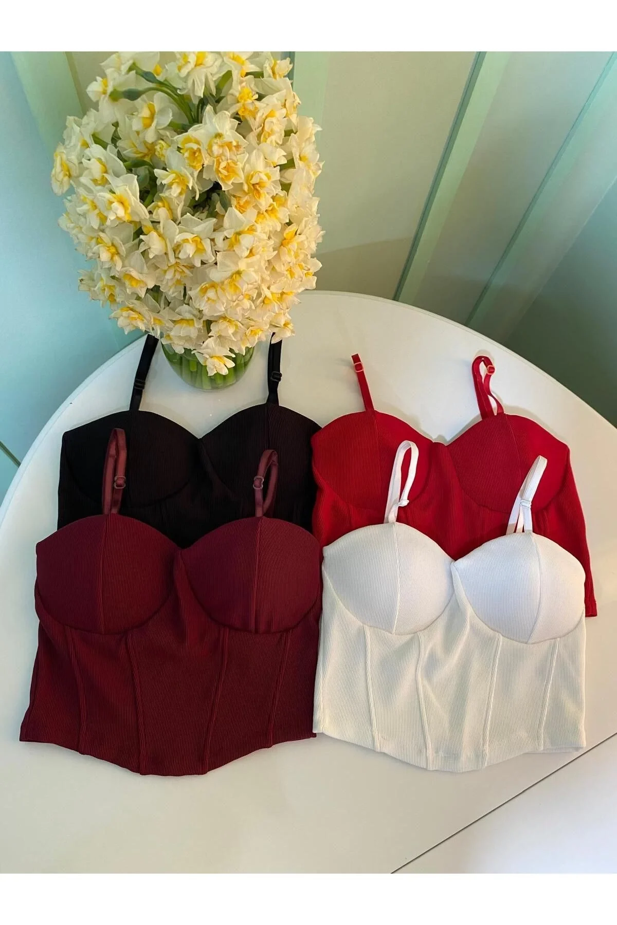 Kadın Askılı Kalp Yaka Balenli Korse Detaylı Vücudu Saran Büstiyer Crop - Bordo