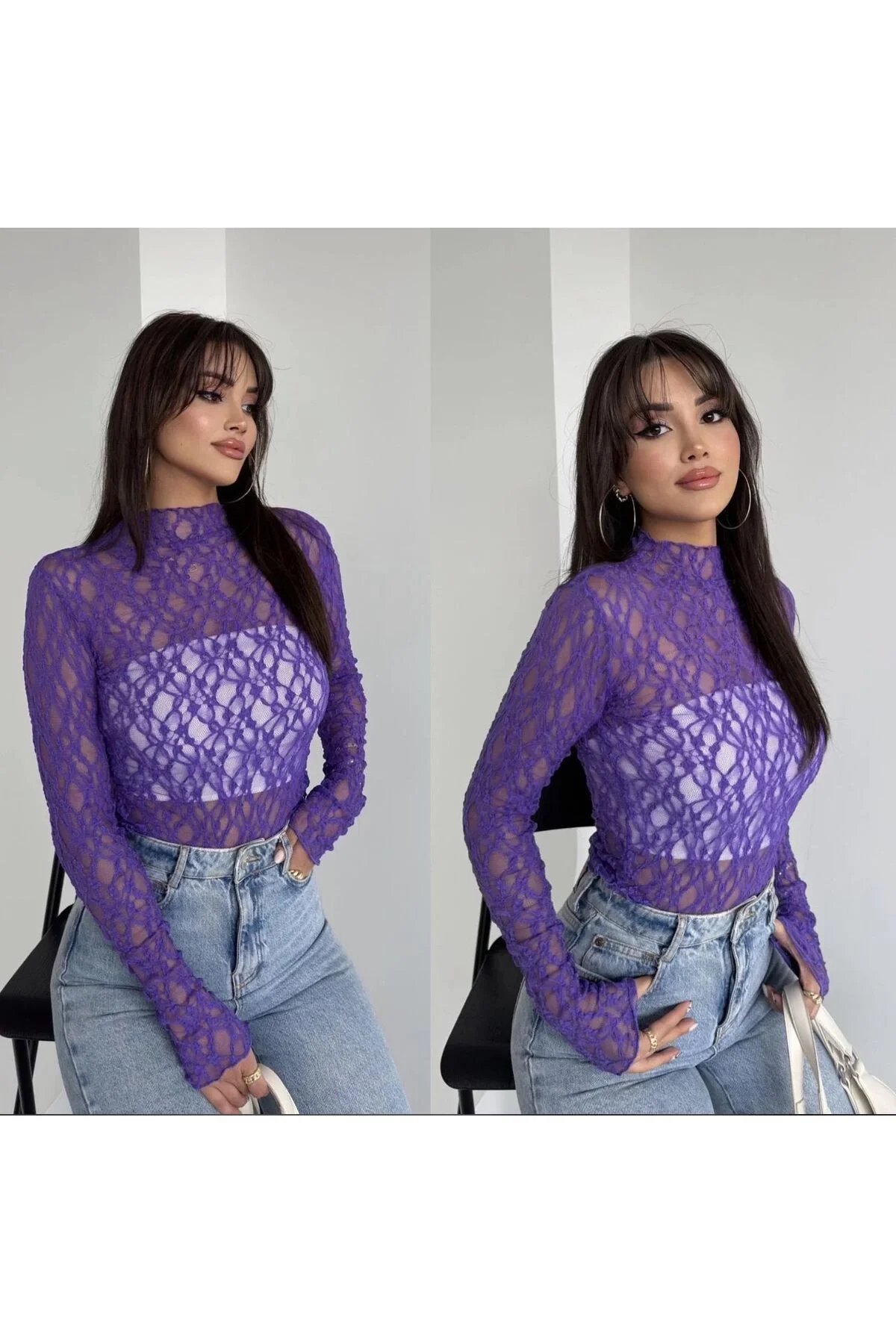 Kadın Yarım Balıkçı Yaka Uzun Kollu File Desenli Dantel Transparan Bluz - Mor