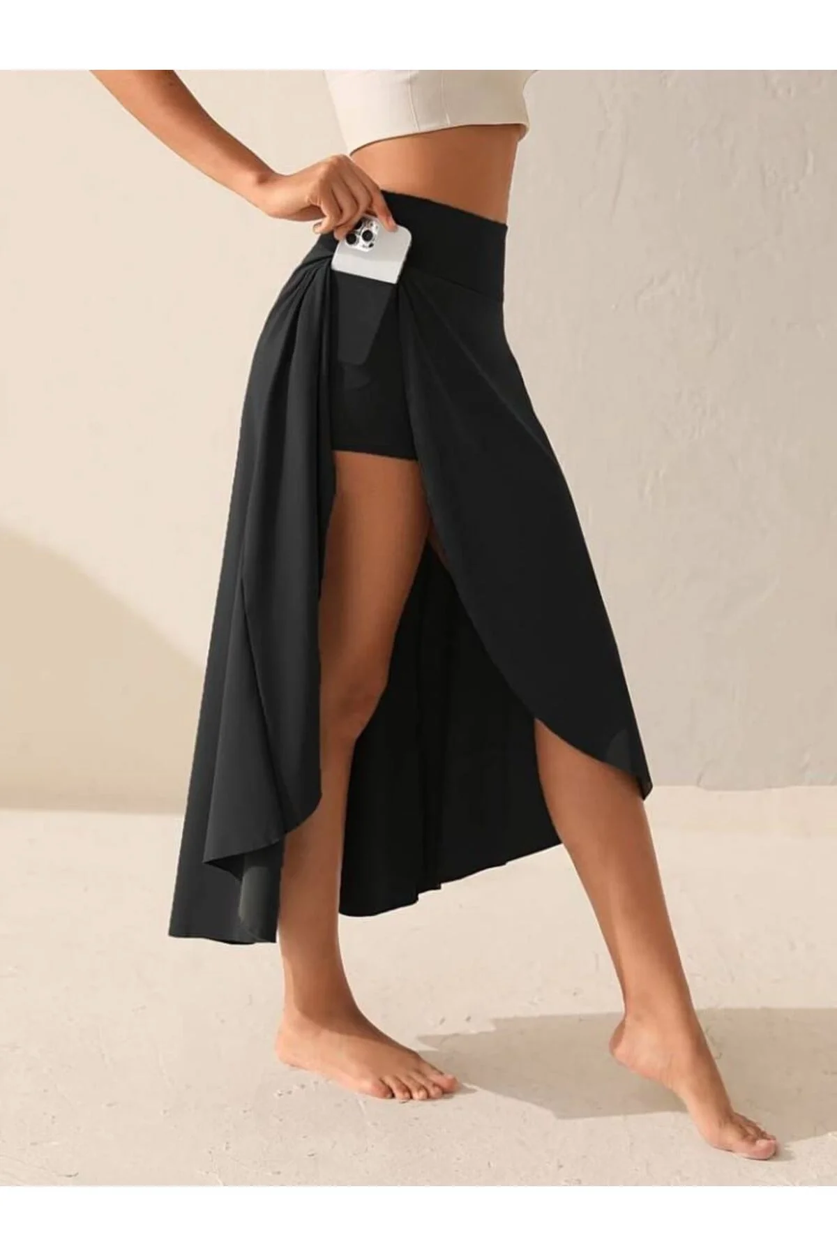 Kadın Yüksek Bel Cepli Asimetrik Yırtmaçlı İçi Şortlu Taytlı Etek - Siyah