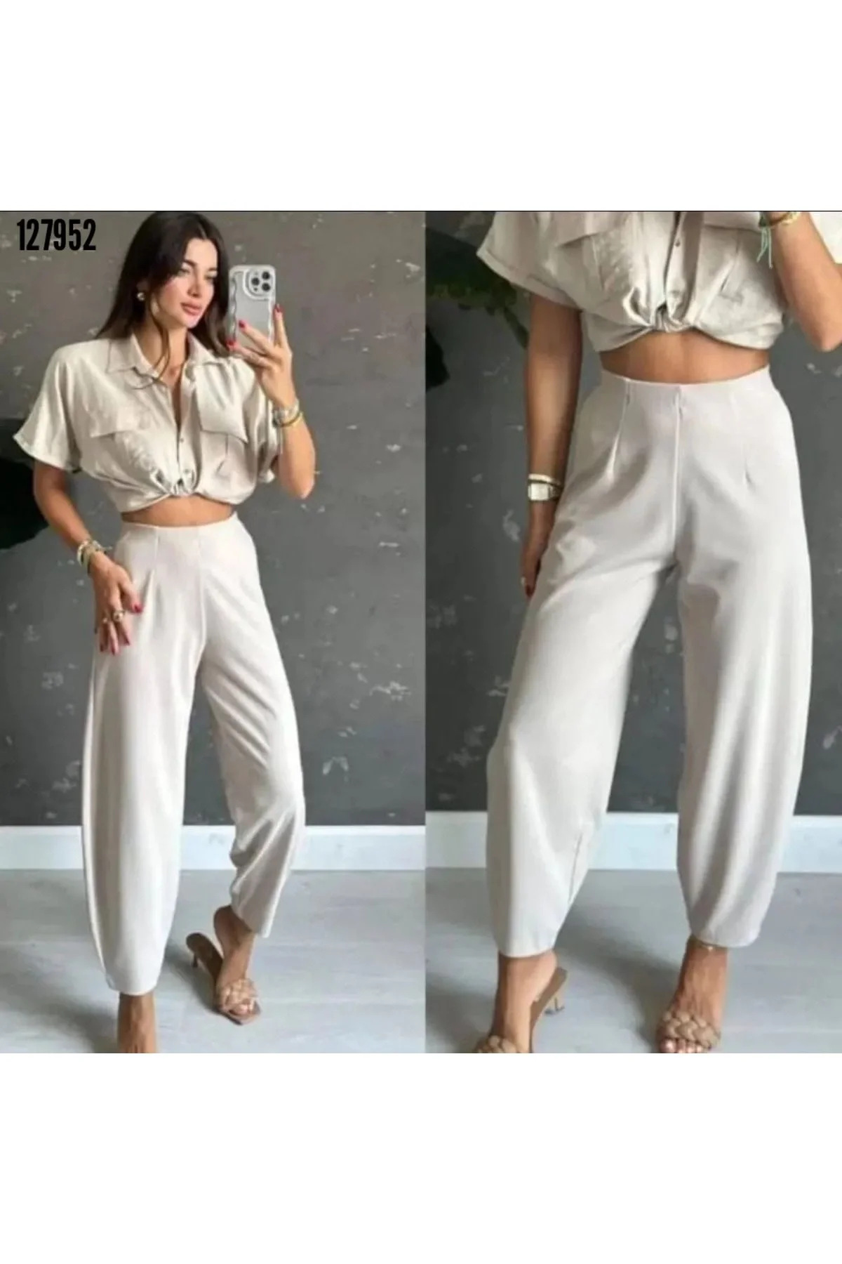 Kadın Yüksek Bel Beli Lastikli Dökümlü Salaş Kesim Şalvar Model Krep Pantolon - Beyaz