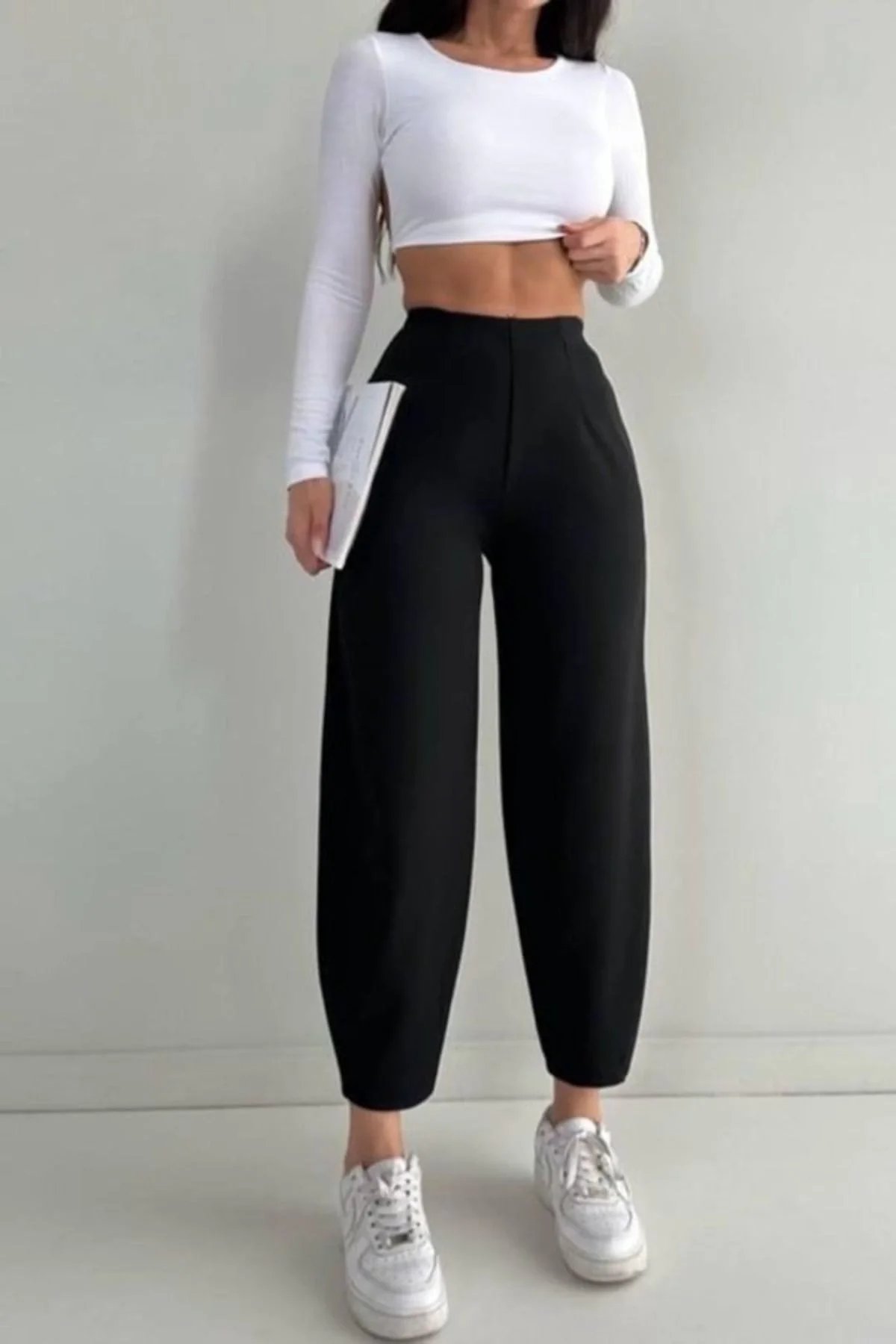 Kadın Yüksek Bel Beli Lastikli Dökümlü Salaş Kesim Şalvar Model Krep Pantolon - Siyah