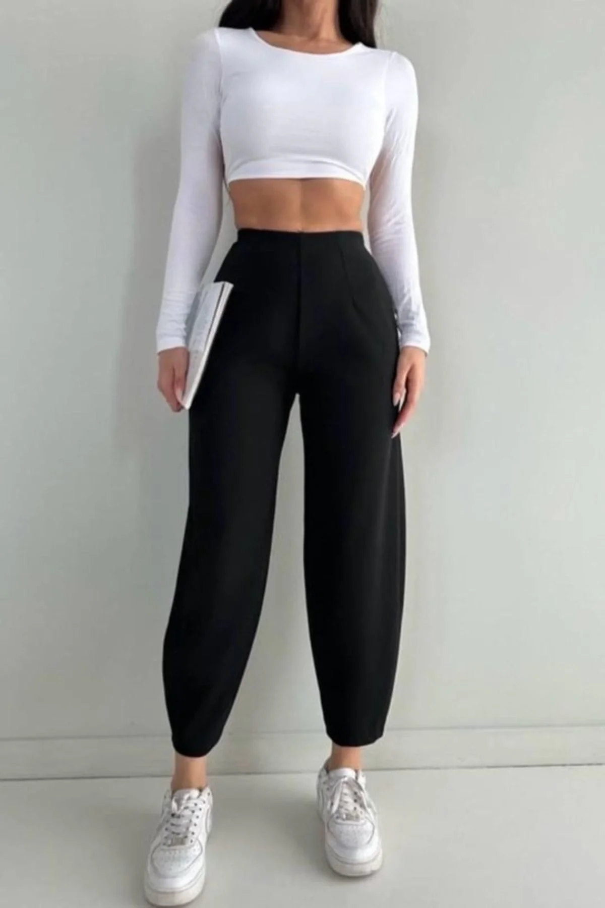 Kadın Yüksek Bel Beli Lastikli Dökümlü Salaş Kesim Şalvar Model Krep Pantolon - Siyah