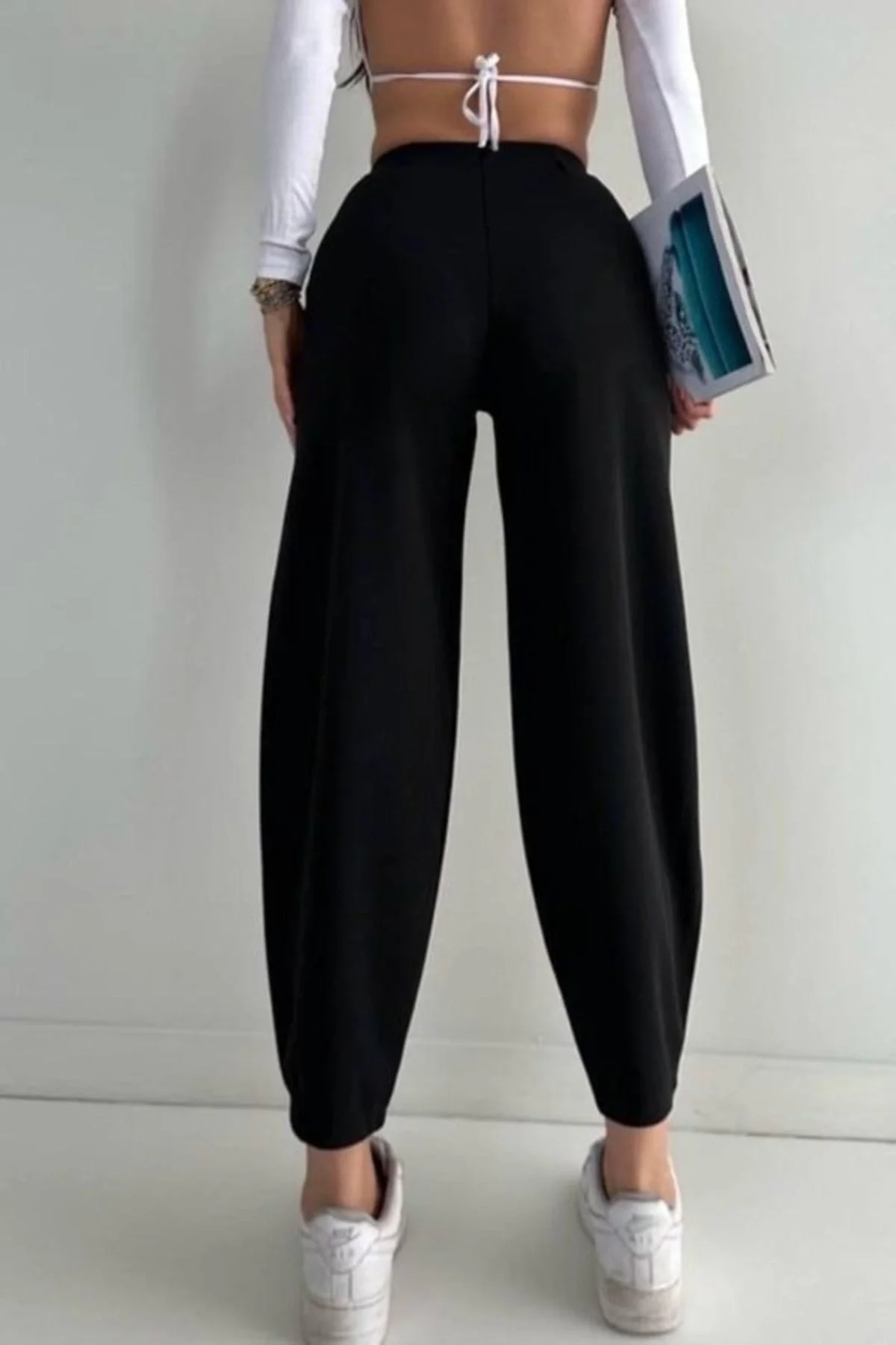 Kadın Yüksek Bel Beli Lastikli Dökümlü Salaş Kesim Şalvar Model Krep Pantolon - Siyah