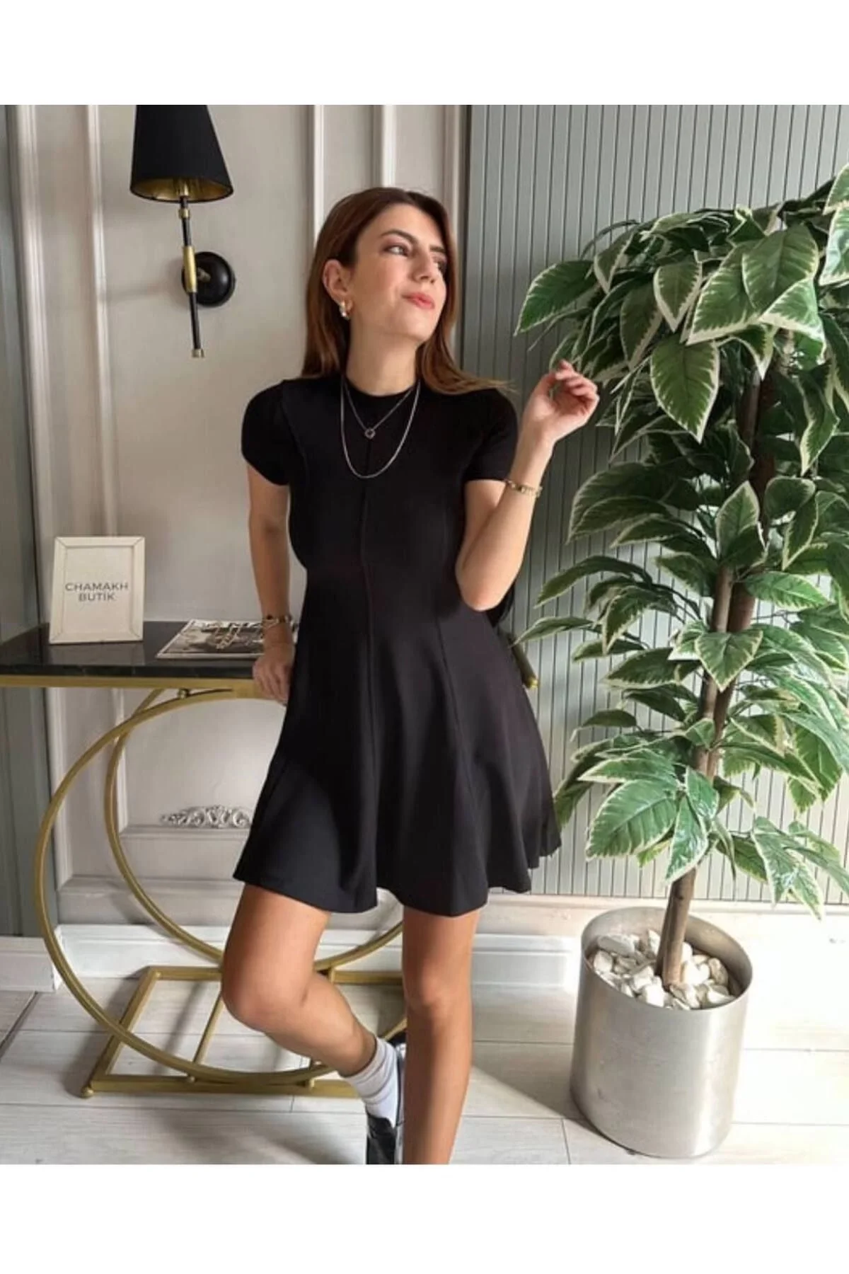 Kısa Kollu Mini Elbise Cep Detaylı