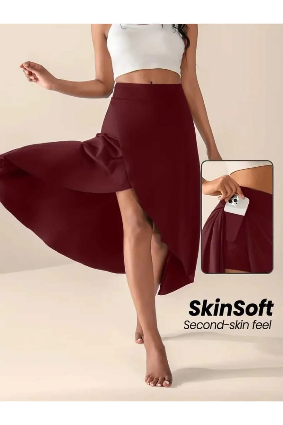 Kadın Yüksek Bel Cepli Asimetrik Yırtmaçlı İçi Şortlu Taytlı Etek - Bordo