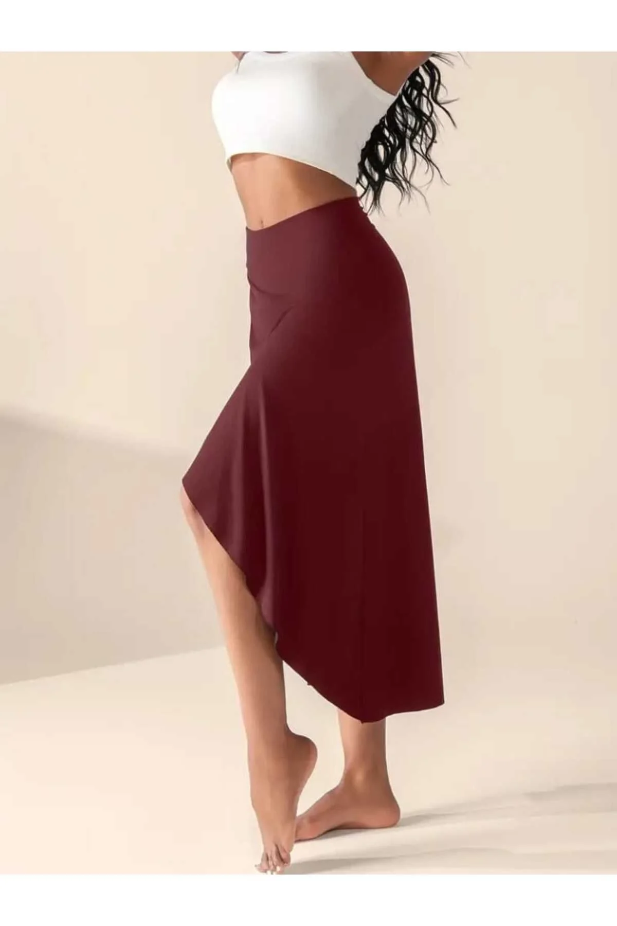 Kadın Yüksek Bel Cepli Asimetrik Yırtmaçlı İçi Şortlu Taytlı Etek - Bordo