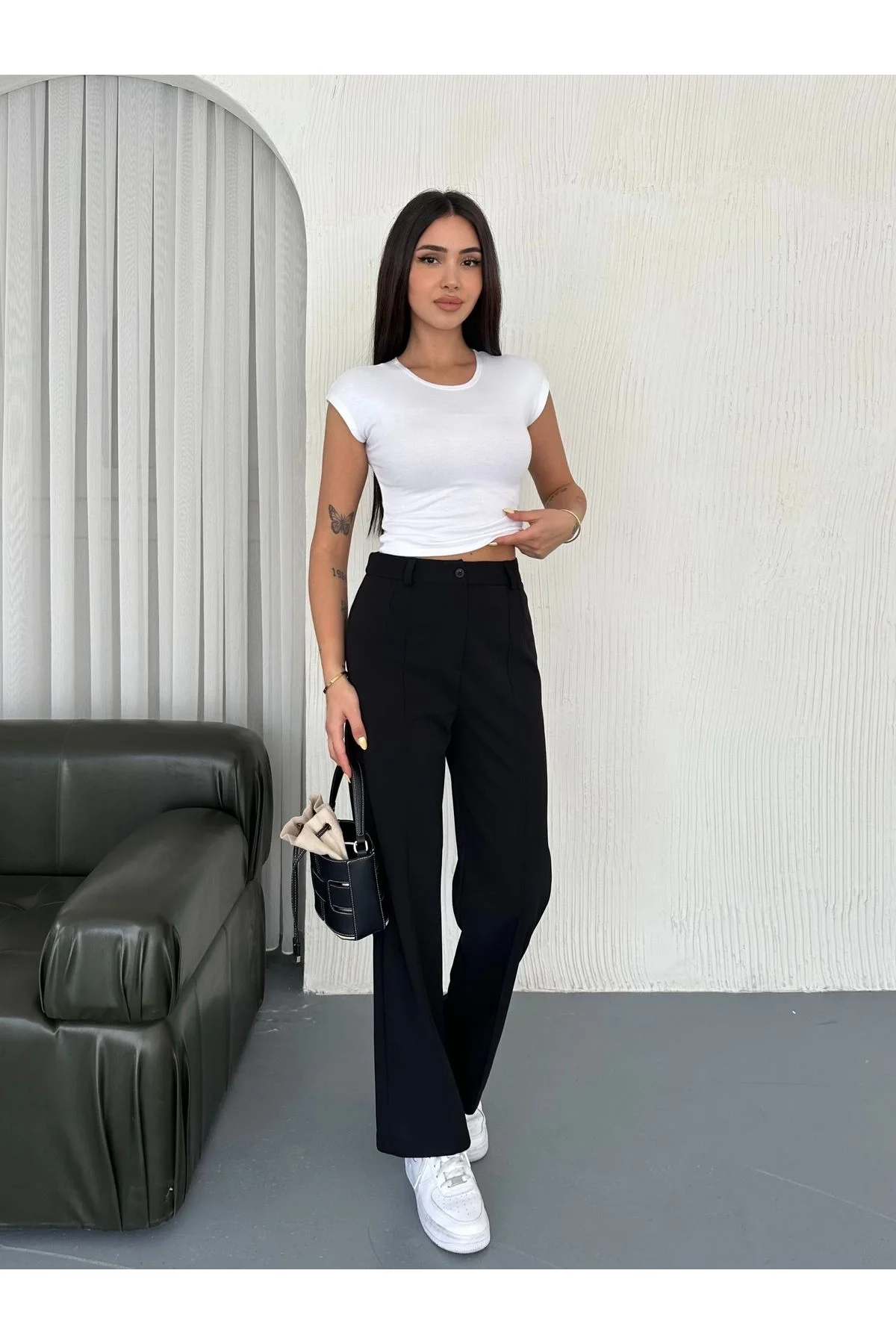 Kadın Yüksek Bel Dikiş Detaylı Bol Paça Palazzo Model Kumaş Pantolon - Siyah