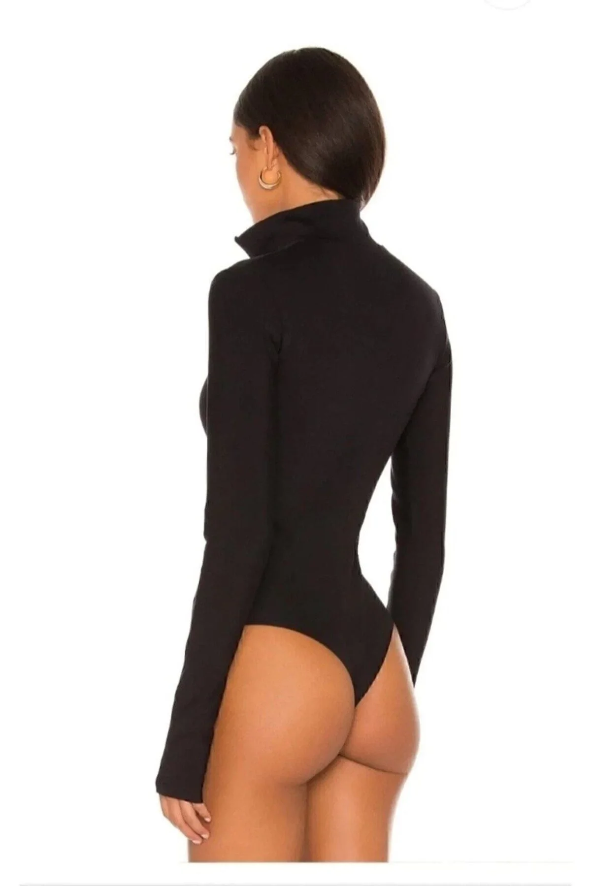 Kadın Dik Yaka Fermuarlı Uzun Kollu Parmak Geçmeli Kaşkorse Bodysuit - Siyah