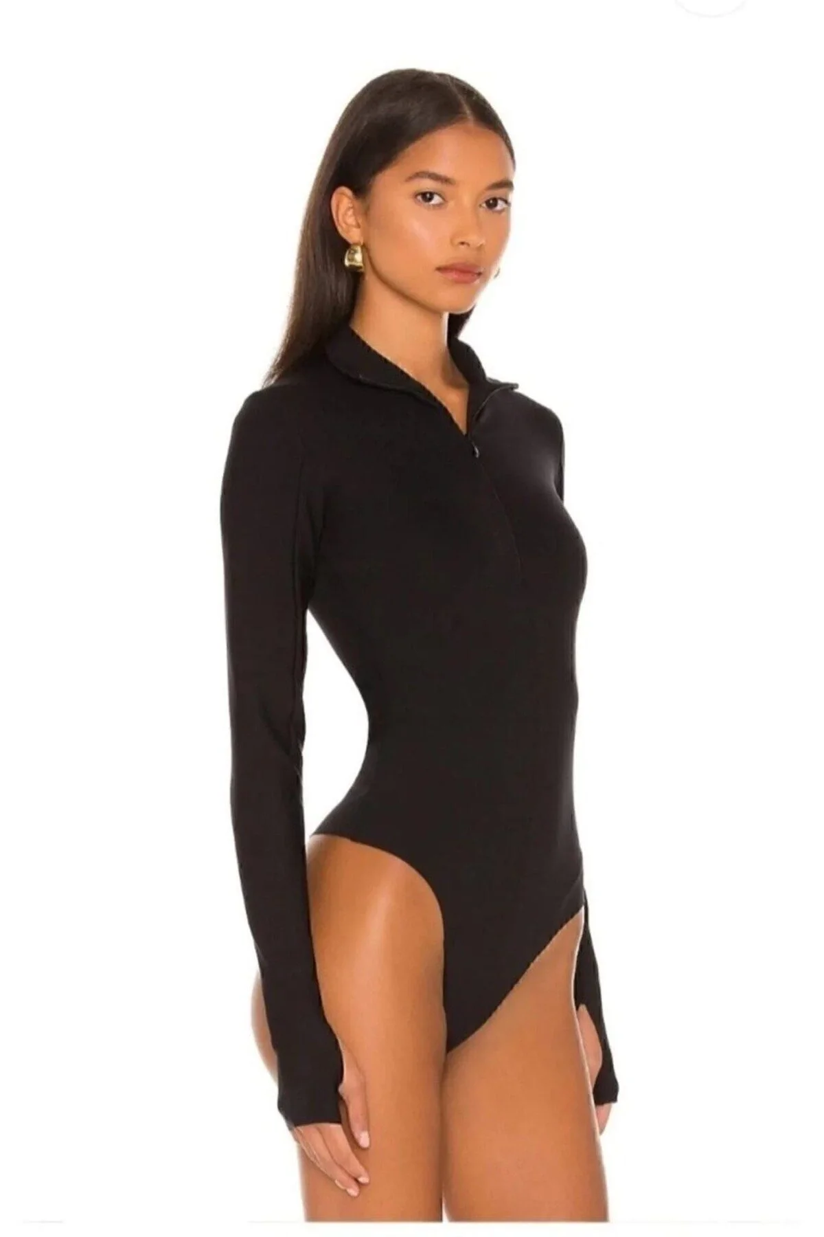 Kadın Dik Yaka Fermuarlı Uzun Kollu Parmak Geçmeli Kaşkorse Bodysuit - Siyah