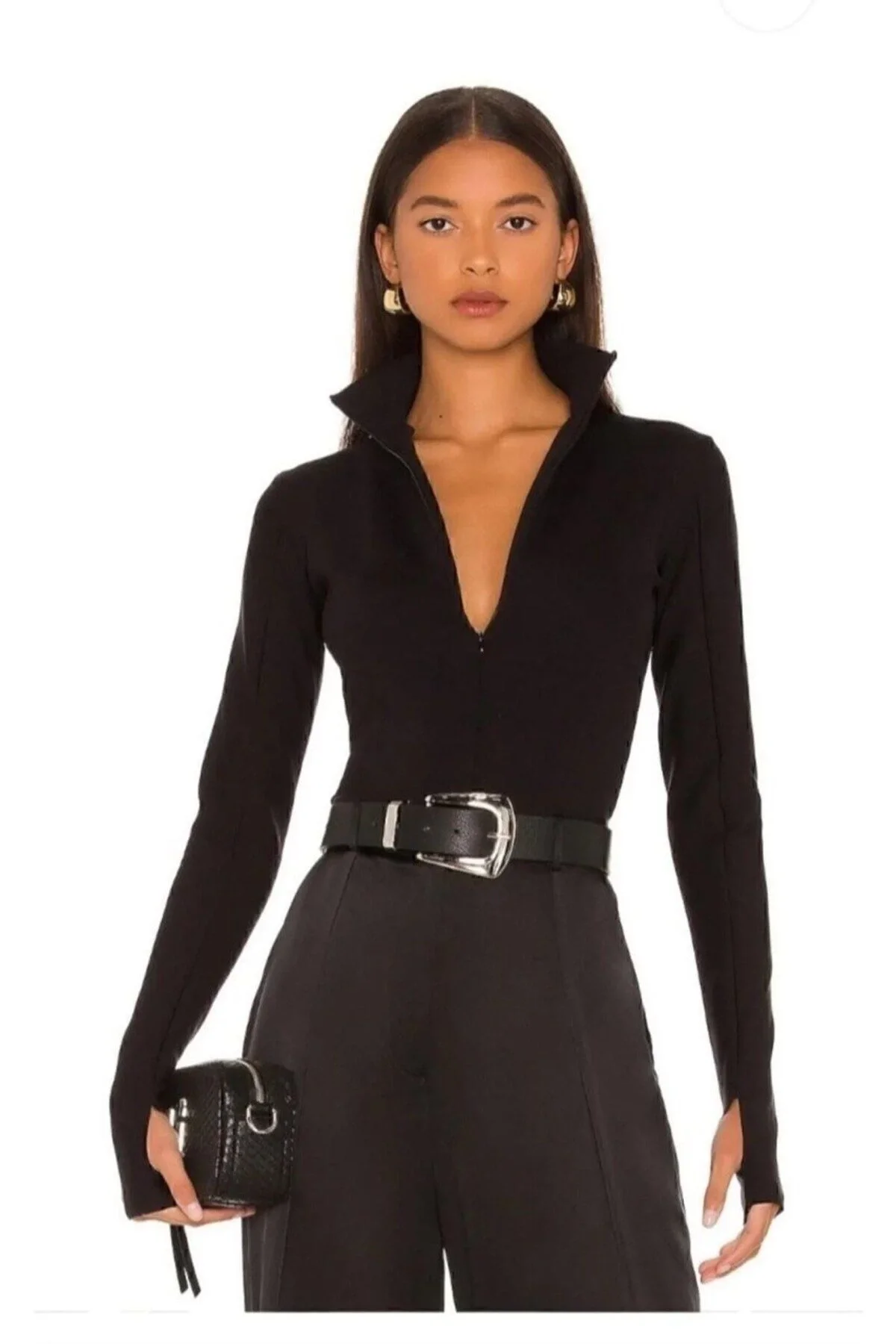 Kadın Dik Yaka Fermuarlı Uzun Kollu Parmak Geçmeli Kaşkorse Bodysuit - Siyah