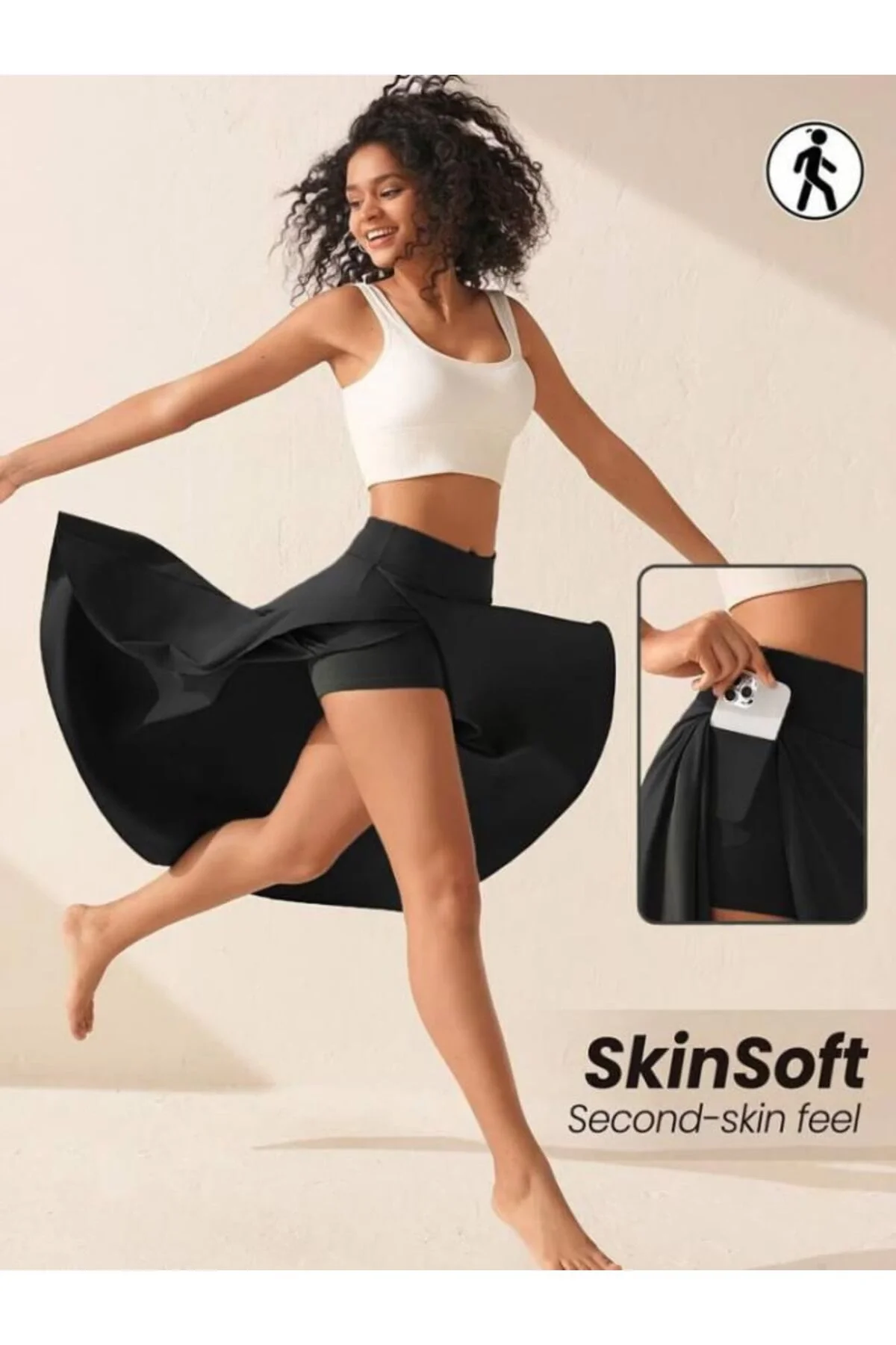 Kadın Yüksek Bel Cepli Asimetrik Yırtmaçlı İçi Şortlu Taytlı Etek - Siyah