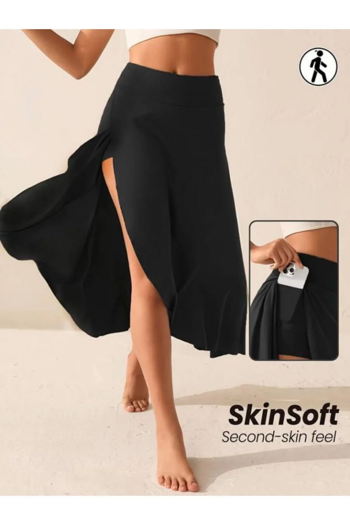 Kadın Yüksek Bel Cepli Asimetrik Yırtmaçlı İçi Şortlu Taytlı Etek - Siyah