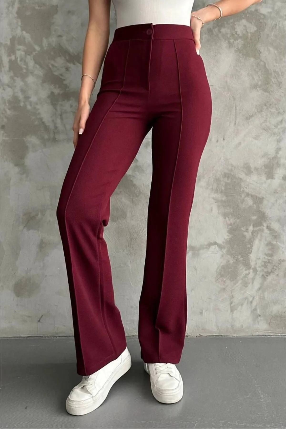 Kadın Yüksek Bel Önü Dikişli İspanyol Paça Vücudu Saran Krep Kumaş Pantolon - Bordo
