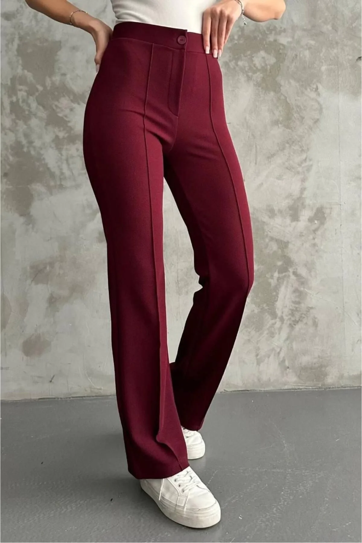 Kadın Yüksek Bel Önü Dikişli İspanyol Paça Vücudu Saran Krep Kumaş Pantolon - Bordo