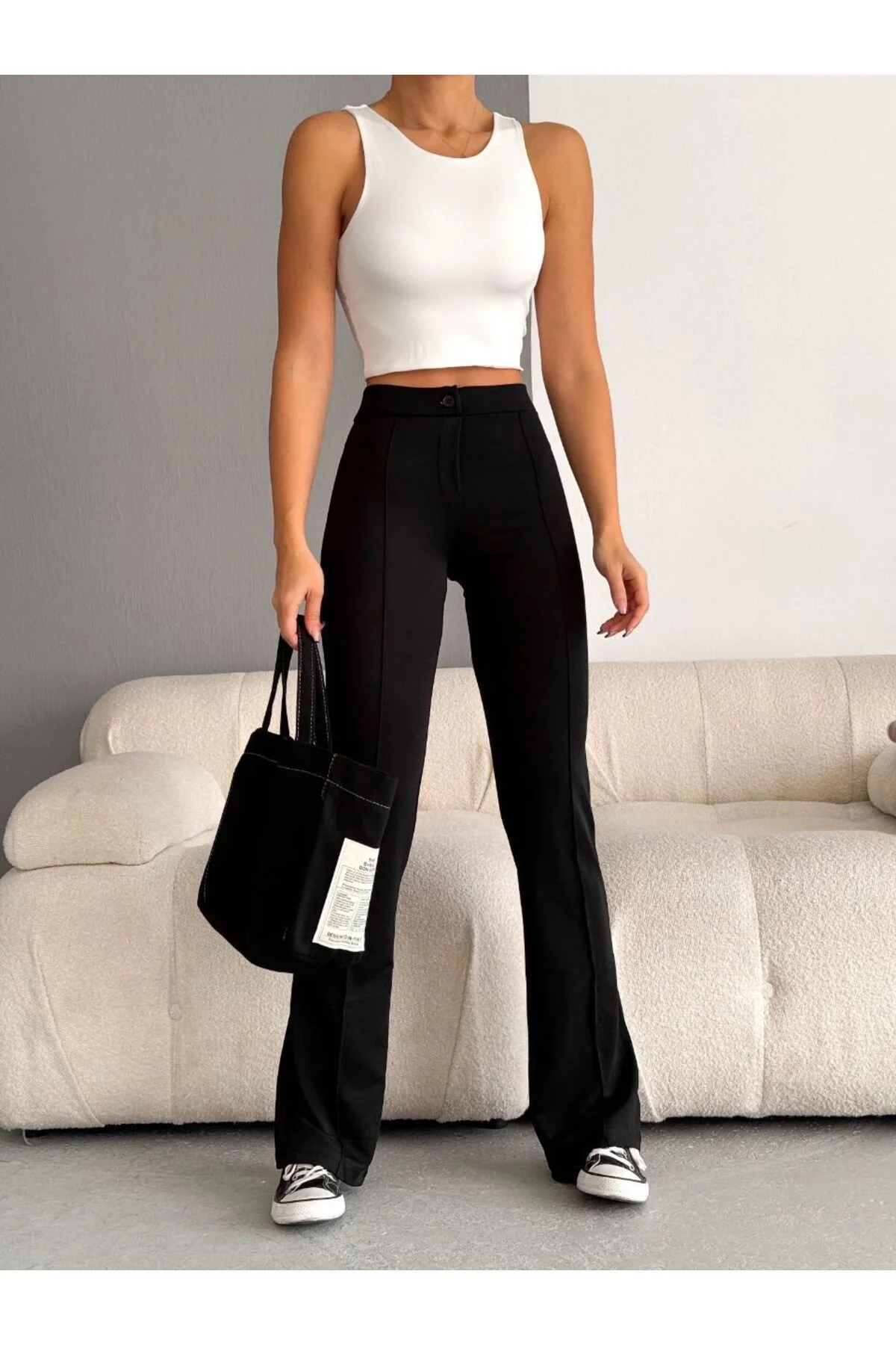 Kadın Yüksek Bel Önü Dikişli İspanyol Paça Vücudu Saran Krep Kumaş Pantolon - Siyah