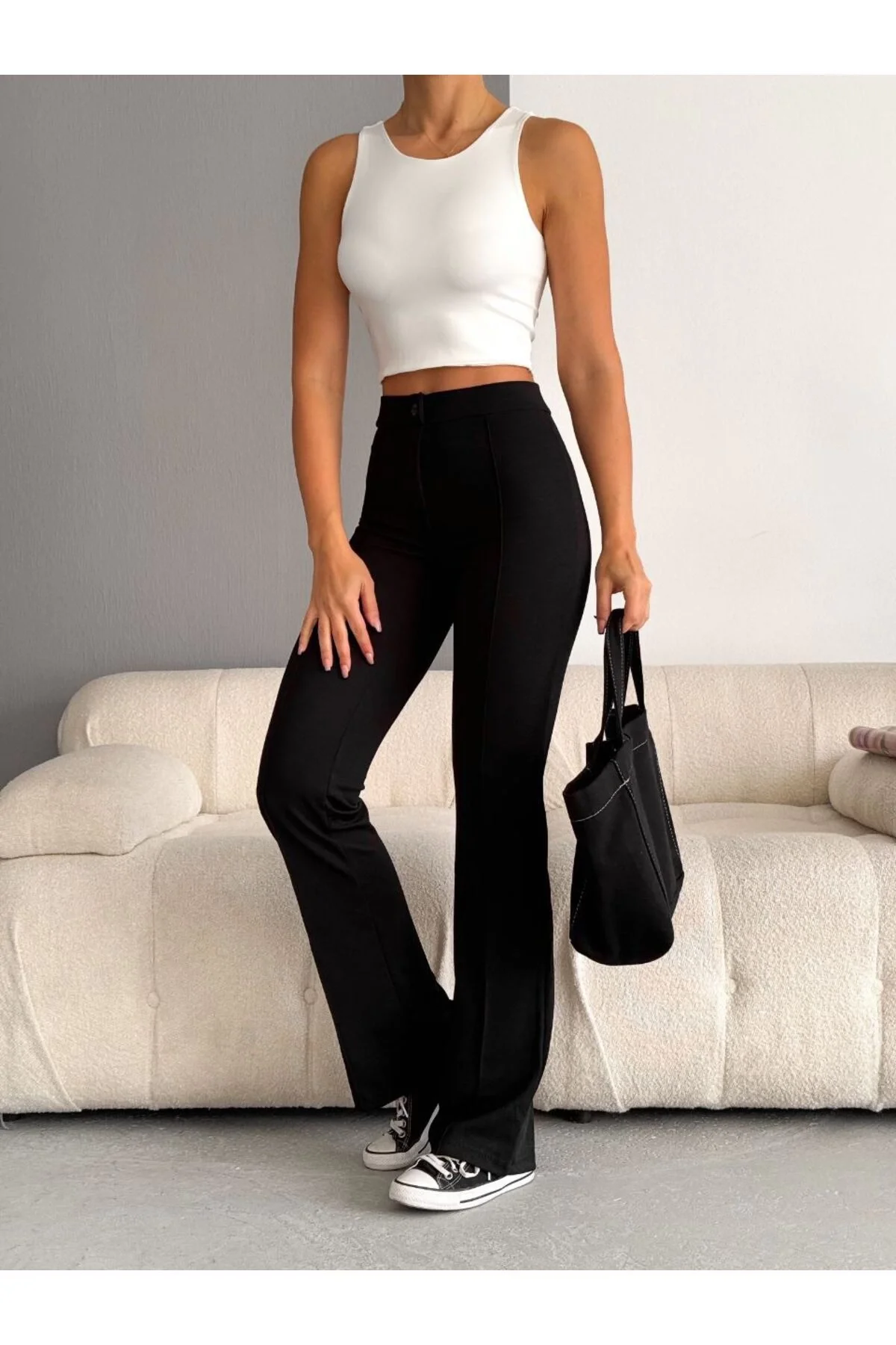 Kadın Yüksek Bel Önü Dikişli İspanyol Paça Vücudu Saran Krep Kumaş Pantolon - Siyah