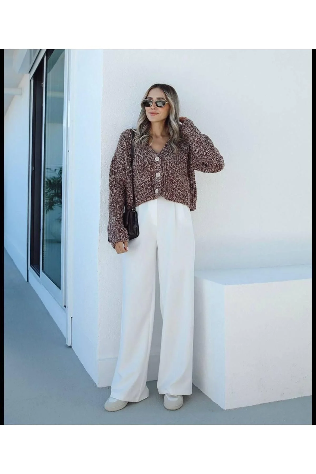 Kadın Yüksek Bel Pileli Bol Paça Palazzo Model Kumaş Pantolon - Beyaz