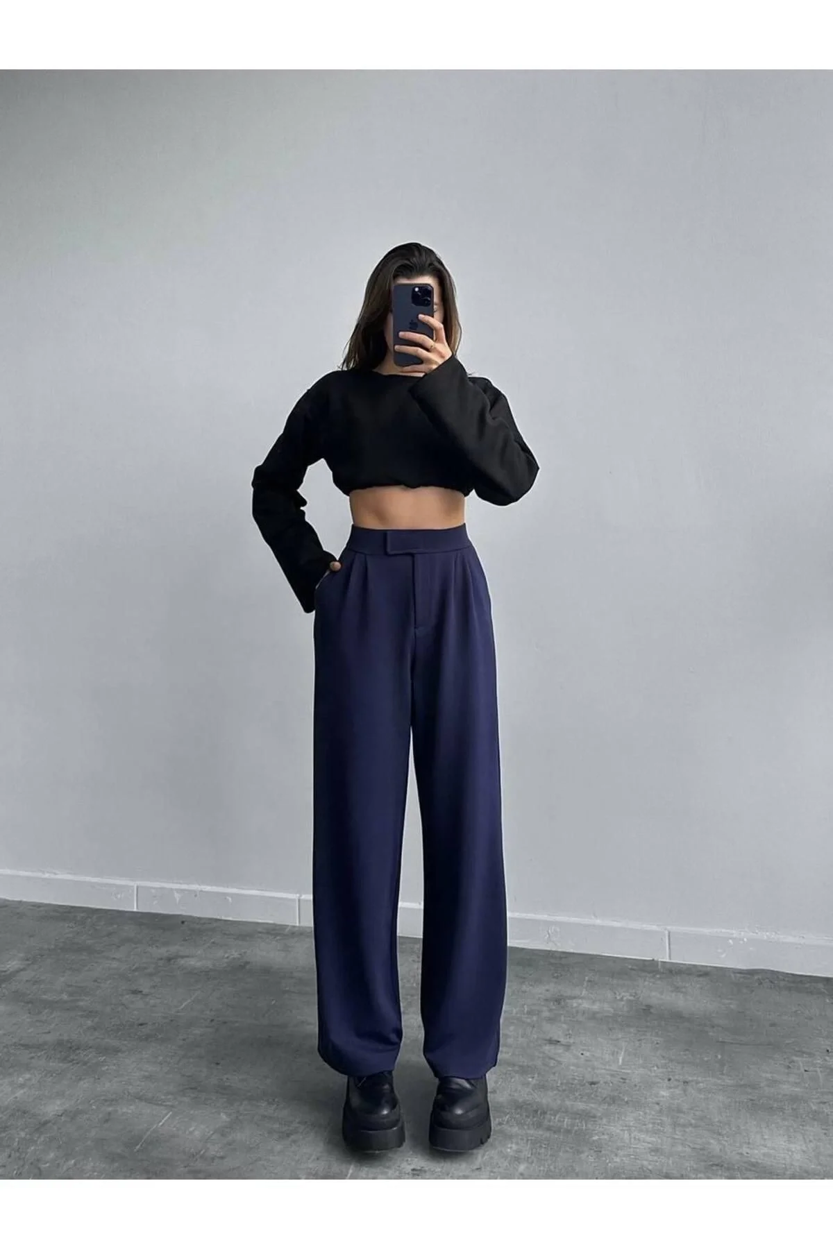 Kadın Lacivert  Yüksek Bel Cırtlı  Pileli Bol Paça Palazzo Model Kumaş Pantolon