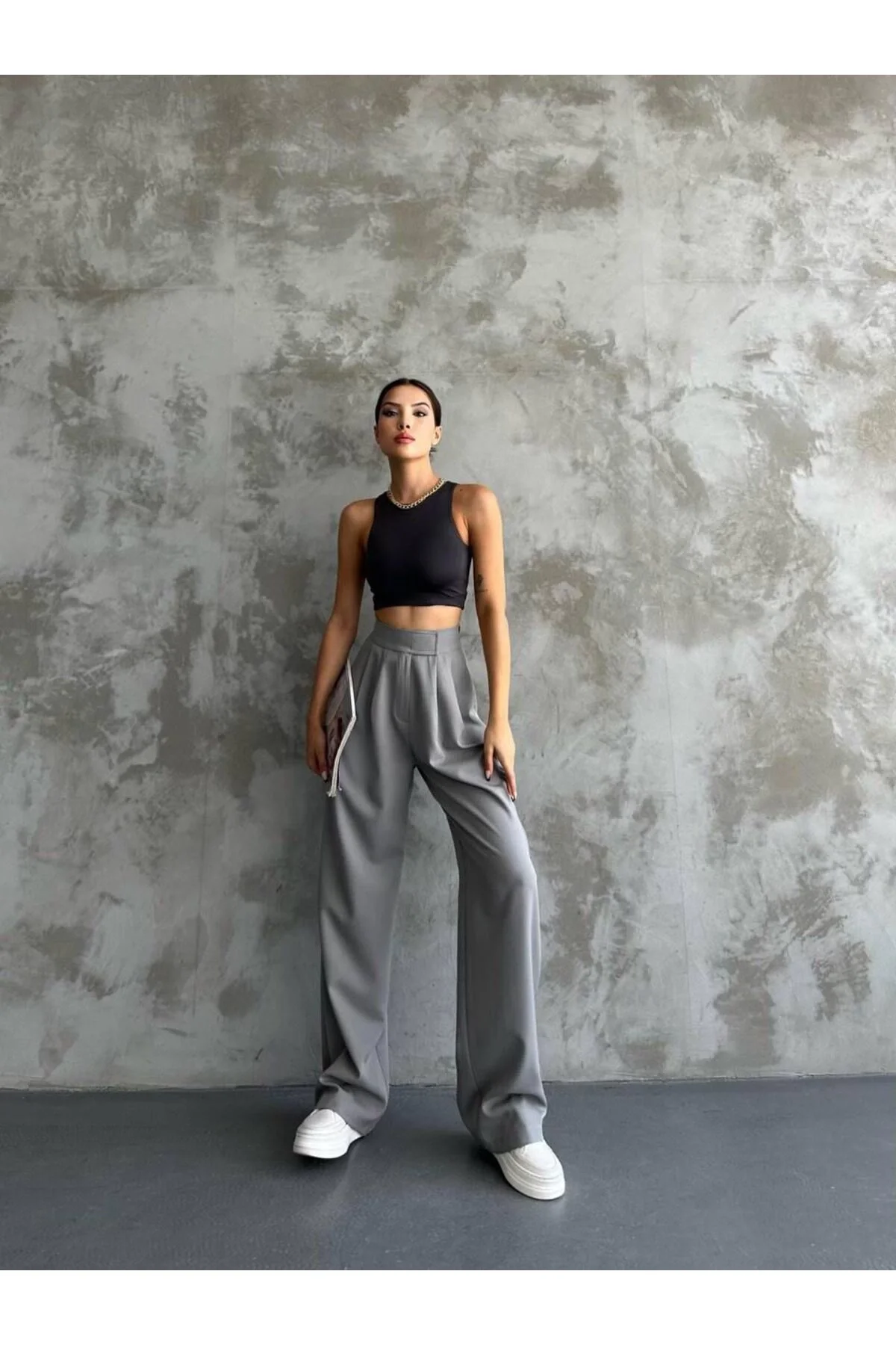 Kadın Antrasit Yüksek Bel Cırtlı Pileli Bol Paça Palazzo Model Kumaş Pantolon