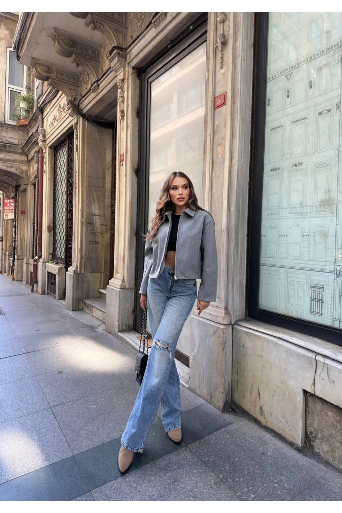 Kadın Gri Oversize Kısa Kalın Gömlek Yaka Fermuarlı Kaşe Kaban