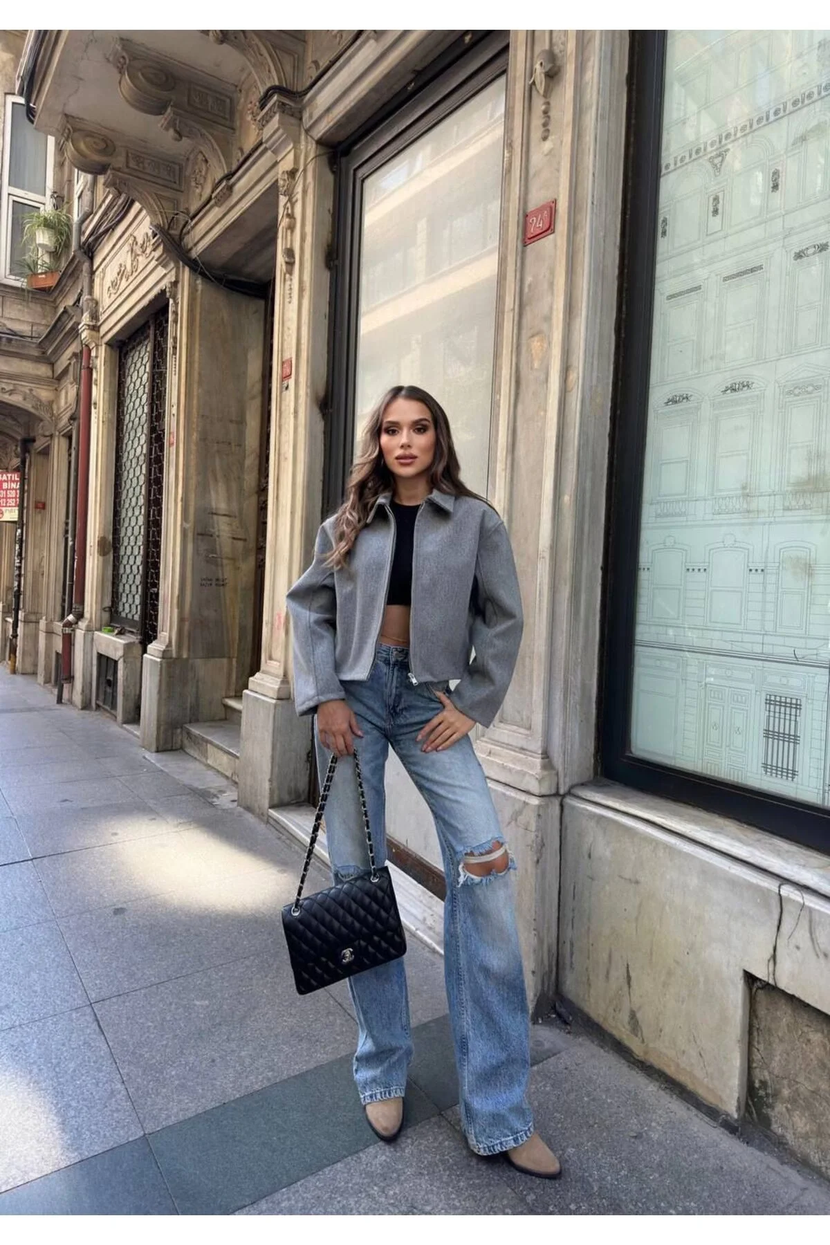 Kadın Gri Oversize Kısa Kalın Gömlek Yaka Fermuarlı Kaşe Kaban