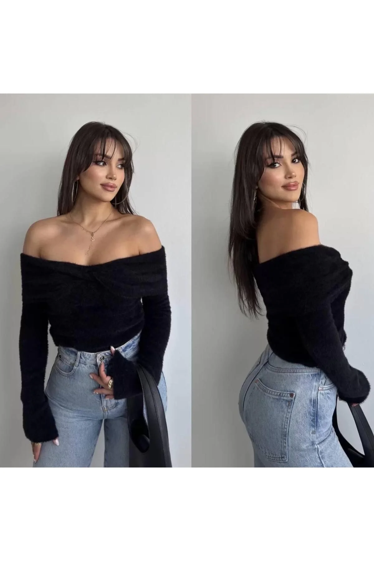 Kadın Düşük Omuz Kayık Yaka Çapraz Drapeli Uzun Kollu Triko Kazak - Siyah