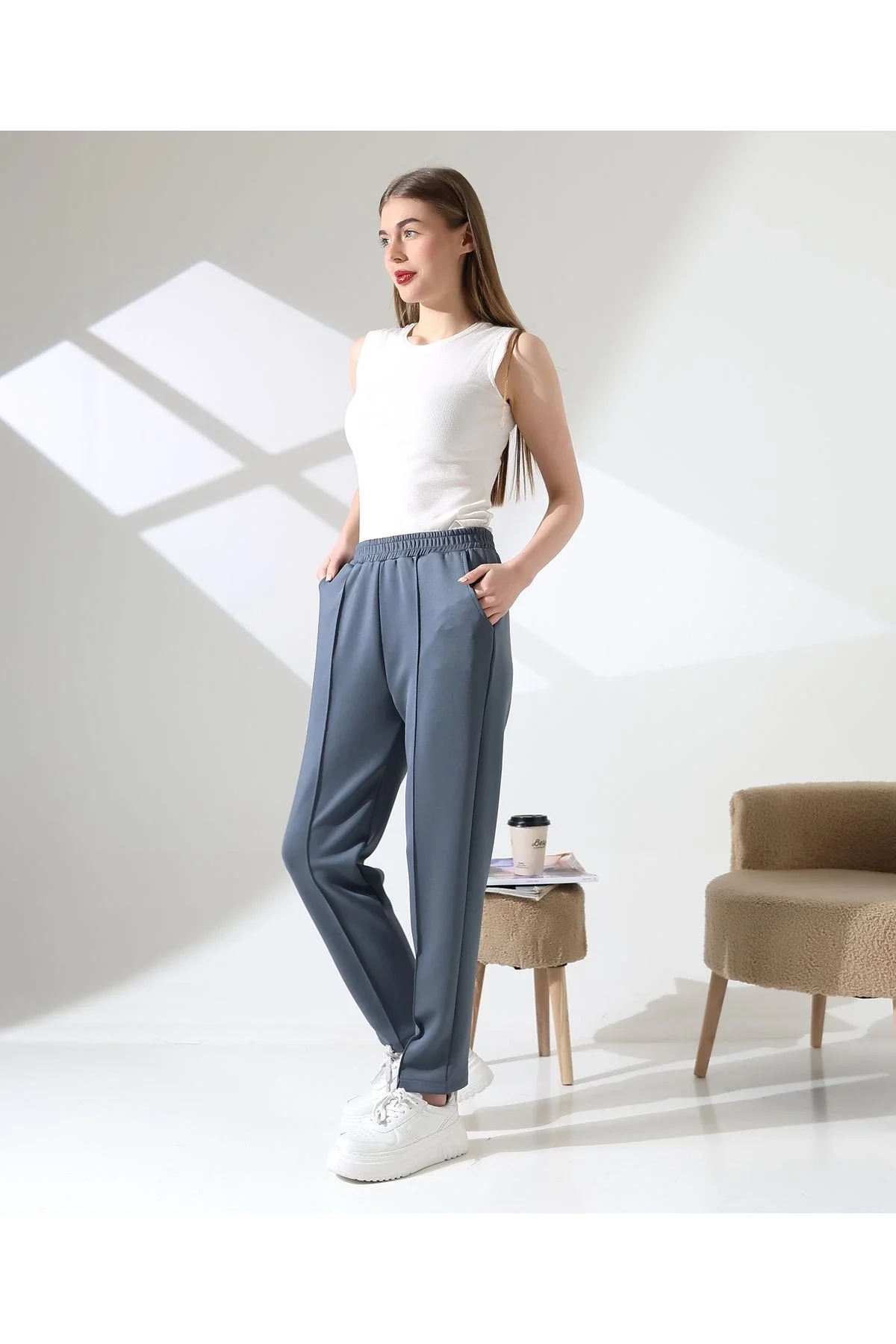 Kadın Yüksek Bel Beli Lastikli Önü Dikişli Scuba Kumaş Jogger Pantolon - Mavi Gri
