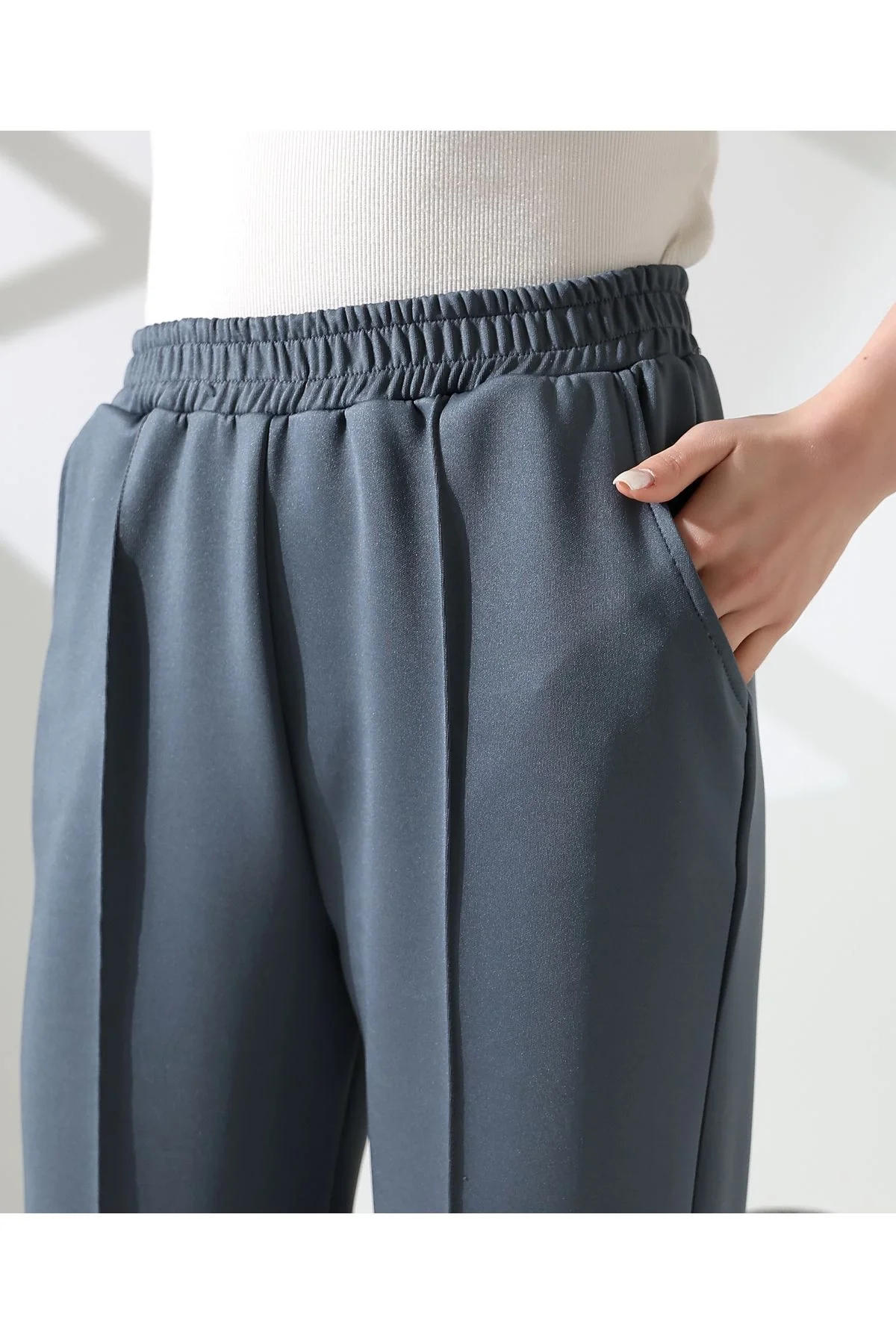 Kadın Yüksek Bel Beli Lastikli Önü Dikişli Scuba Kumaş Jogger Pantolon - Mavi Gri