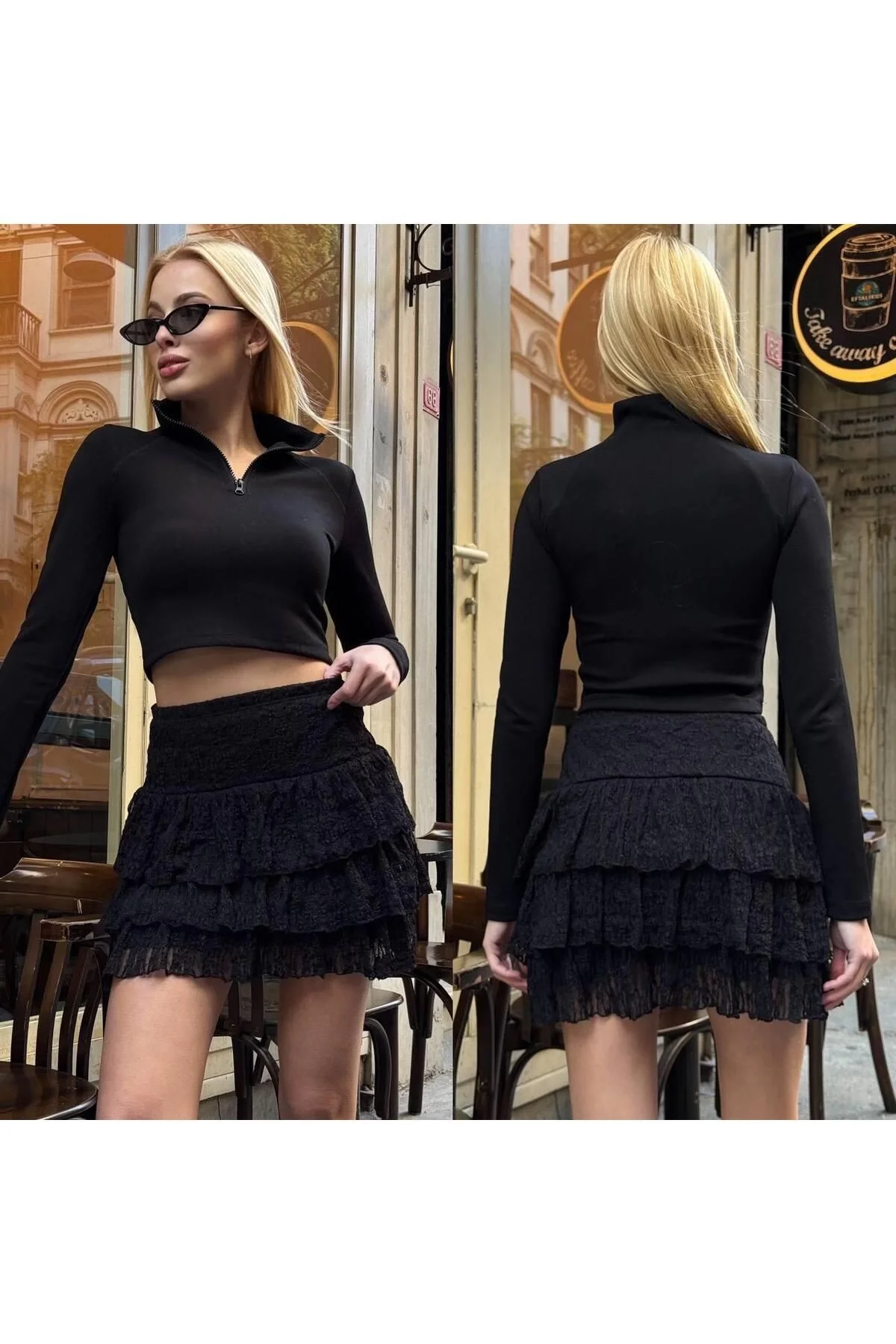 Kadın Yüksek Bel Beli Lastikli Kat Kat Fırfırlı Güpür İçi Şortlu Mini Etek - Siyah