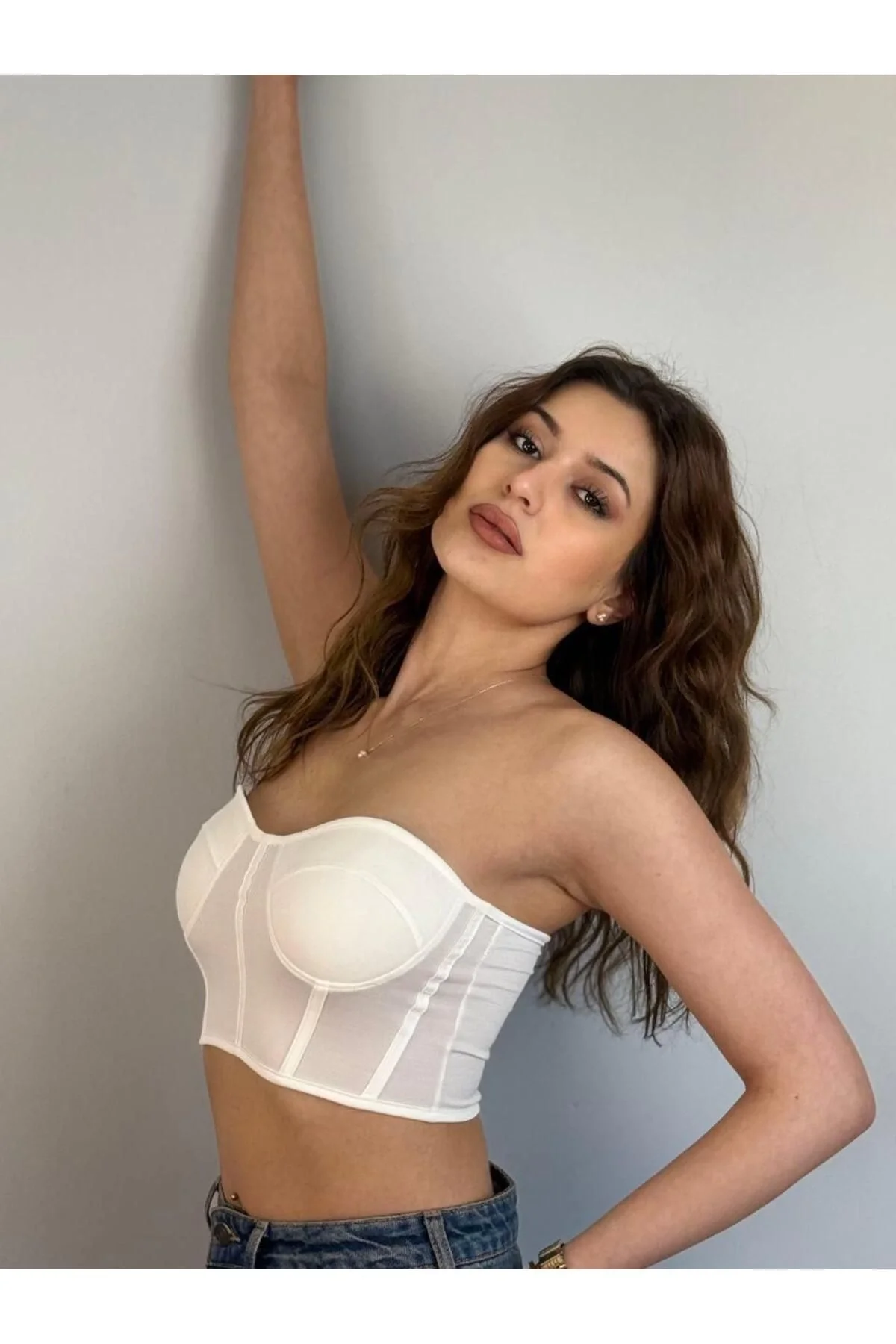 Kadın Straplez Kalp Yaka Korse Detaylı Scuba Kumaş Vücudu Saran Büstiyer Crop - Beyaz