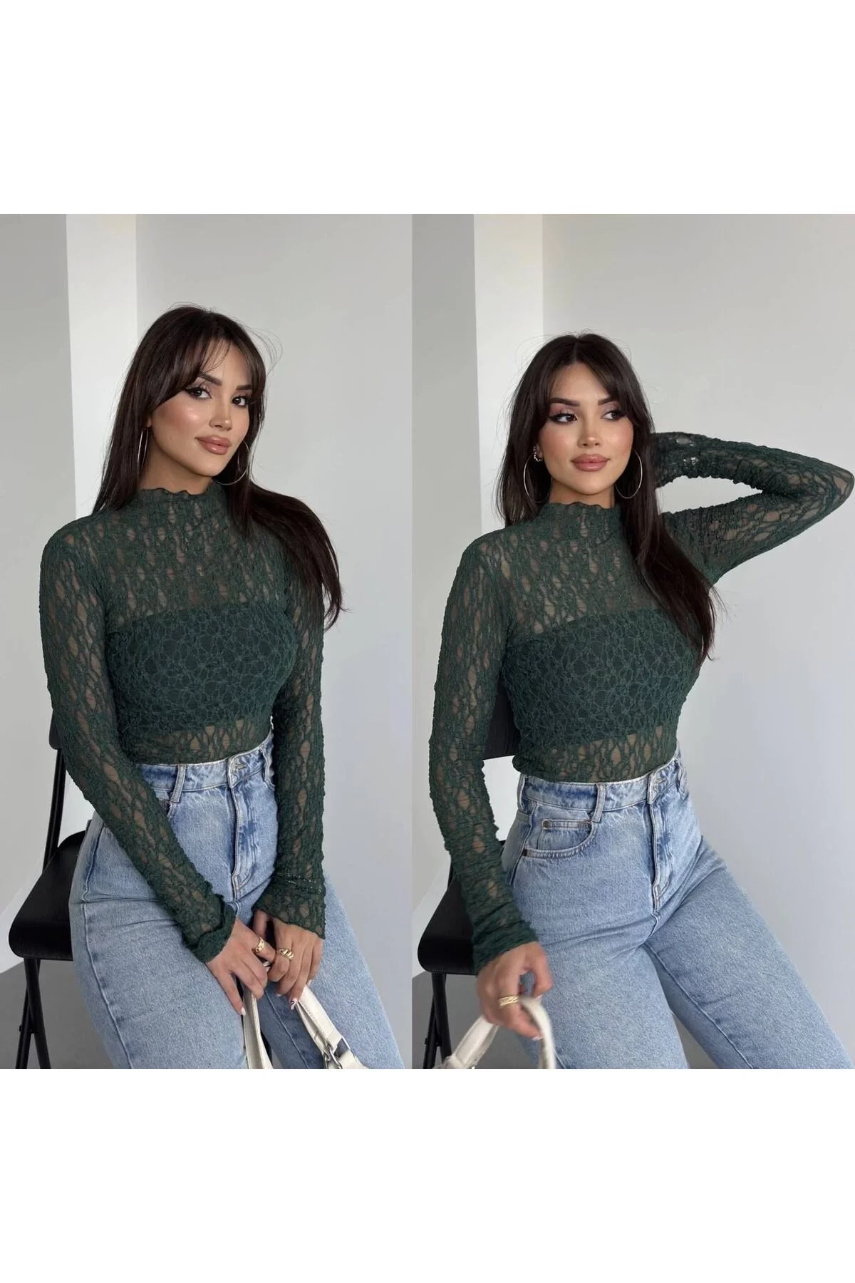 Kadın Yarım Balıkçı Yaka Uzun Kollu File Desenli Dantel Transparan Bluz - Haki