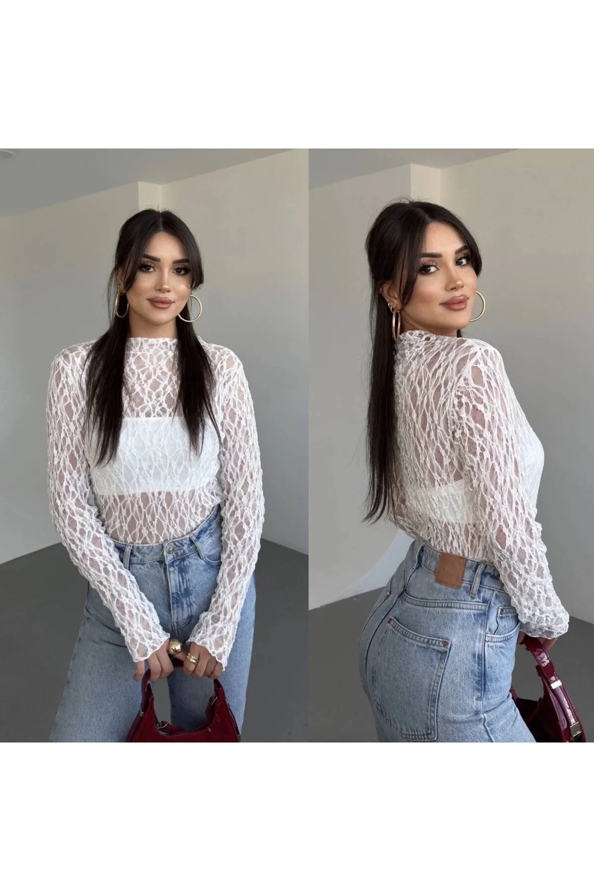 Kadın Yarım Balıkçı Yaka Uzun Kollu File Desenli Dantel Transparan Bluz - Beyaz