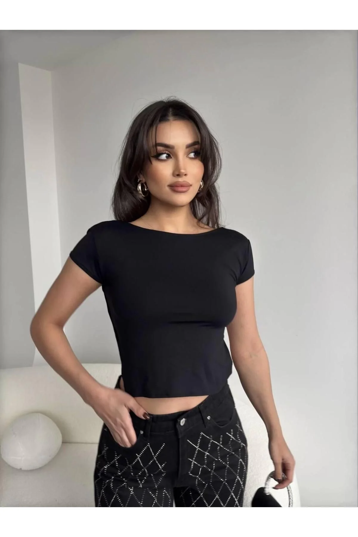 Sırt Dekolteli Sandy Kumaş Crop