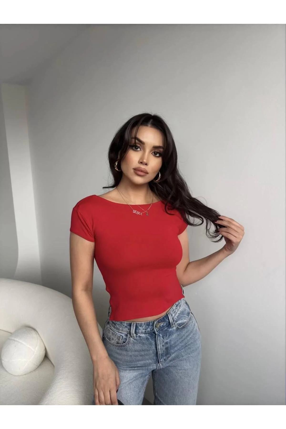 Kadın Kayık Yaka Sırtı Açık İp Bağlamalı Kısa Kollu Vücudu Saran Crop Bluz - Kırmızı